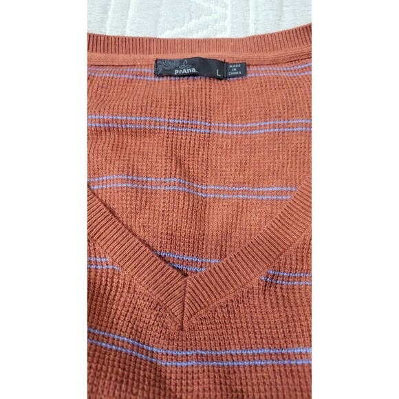 prAna Organic Cotton Merino Wool Striped V-Neck Sweater Women’s Size L Rust - Picture 2 of 7